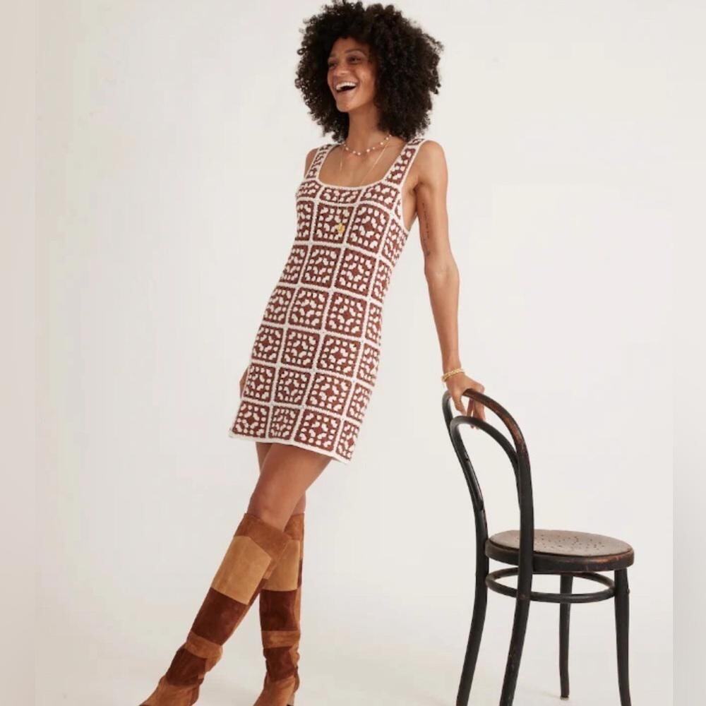 NWT Marine Layer Archive Celeste Crochet Dress Brown White Granny Square Size L